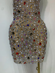 Halter Neck Sleeveless Mini Crystal Embellished Mesh Dress