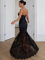 Strapless lace patchwork maxi dress black back detail