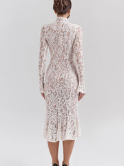 White Long Sleeve Lace Turtleneck Midi Dress