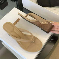Apricot flock wedge heel flip flop sandals