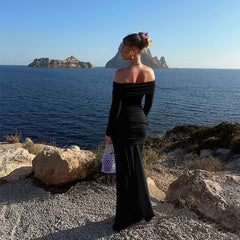 Mesh Off-Shoulder Draped Metal Accent Maxi Dress