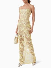 Strapless Sequin Embroidery Floral Sheath Maxi Dress with Handbag