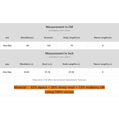 Measurement chart for clothing with size chart in centimeters and inches, material information, and a note on measurement tolerance.