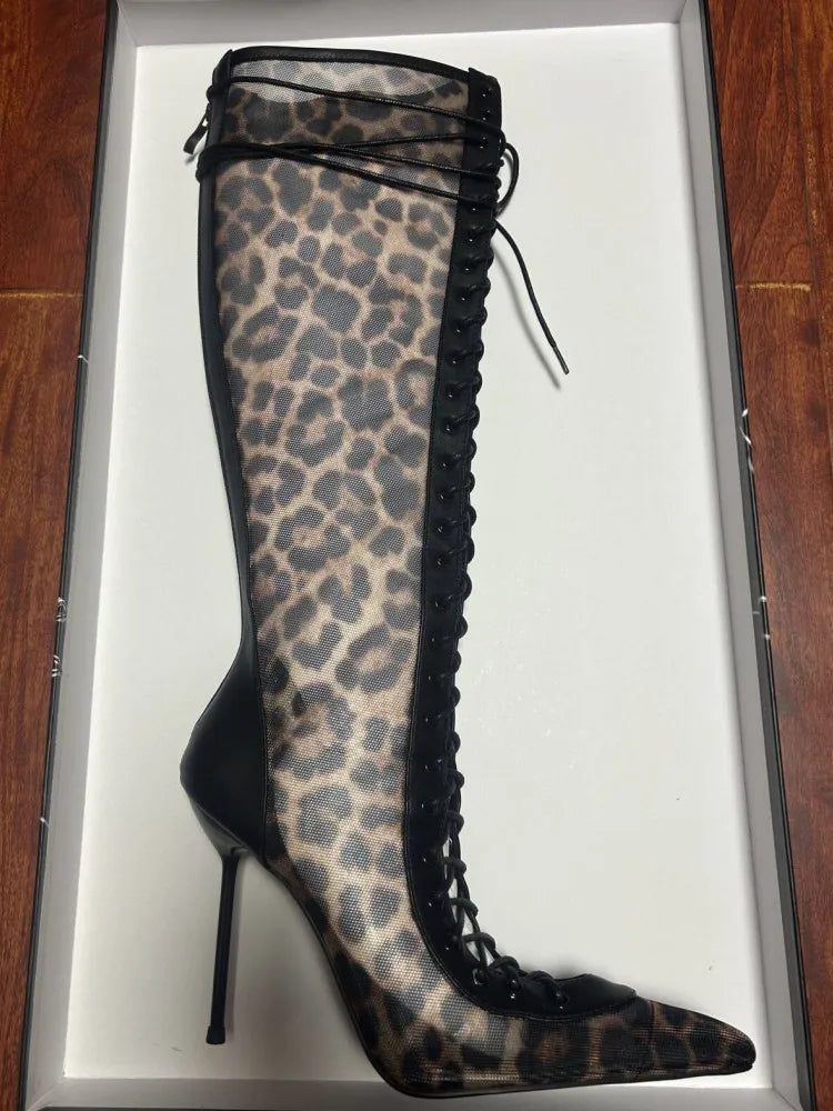 Leopard print mesh knee high boots with lace up front