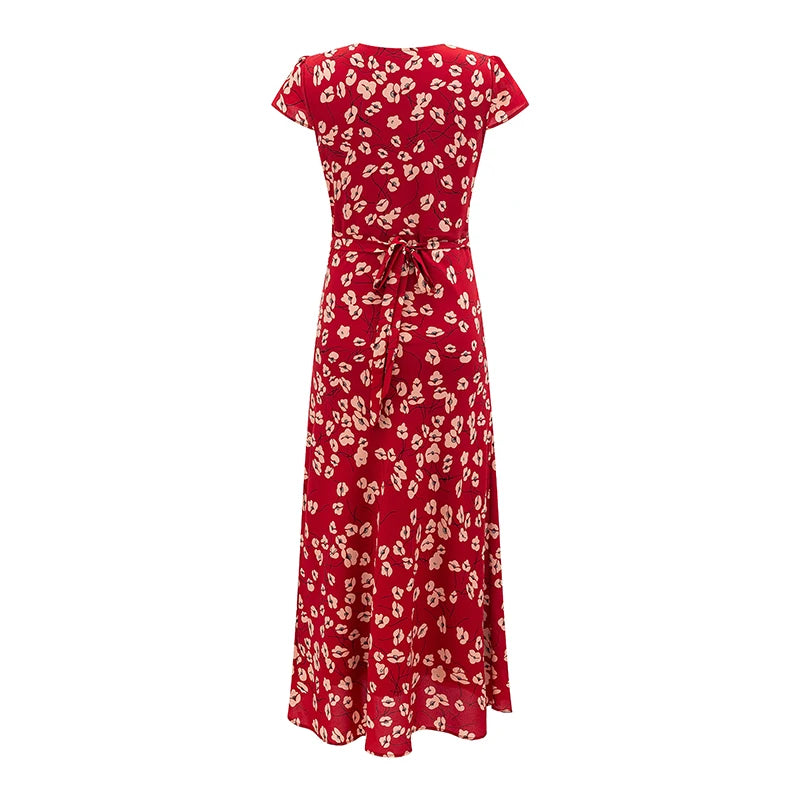V-neck short sleeve A-line maxi dress back view