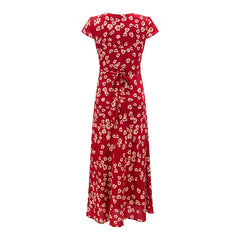 V-neck short sleeve A-line maxi dress back view