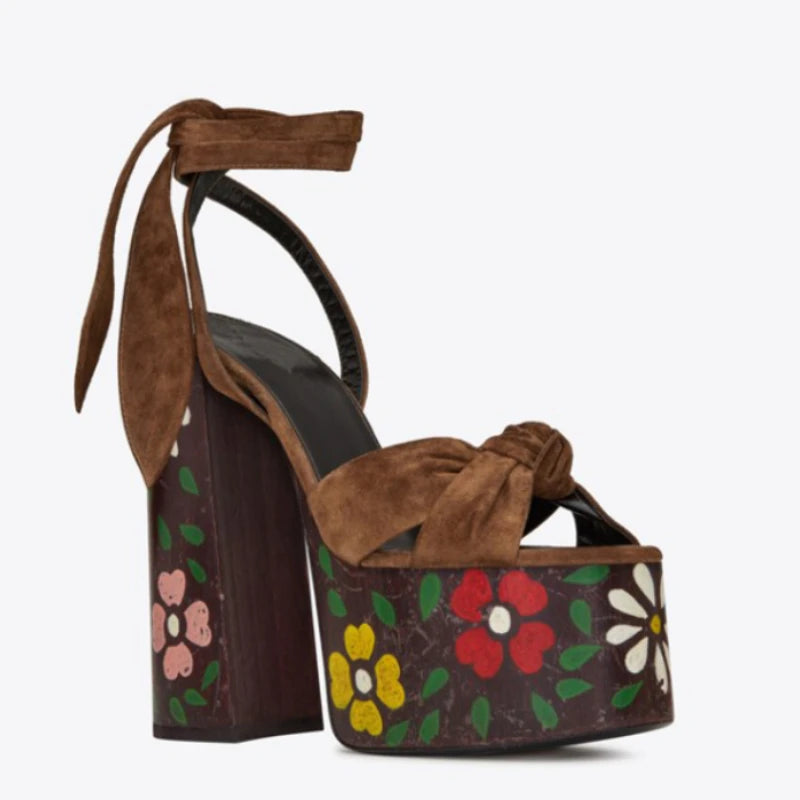 Close-up of floral print on platform Heels sole