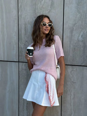 Hollow Knit Turn-Down Collar Short Sleeve Top