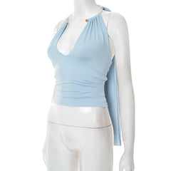 Light blue halter top on a mannequin with a white background