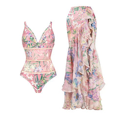 Ruffled Floral Print One-Piece Swimsuit and Maxi Skirt Set