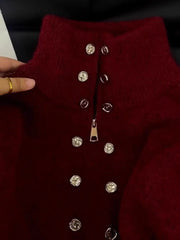 Mock Neck Zipper Button Knit Top