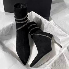 Pointed toe crystal ankle boots with wrap-around embellishment