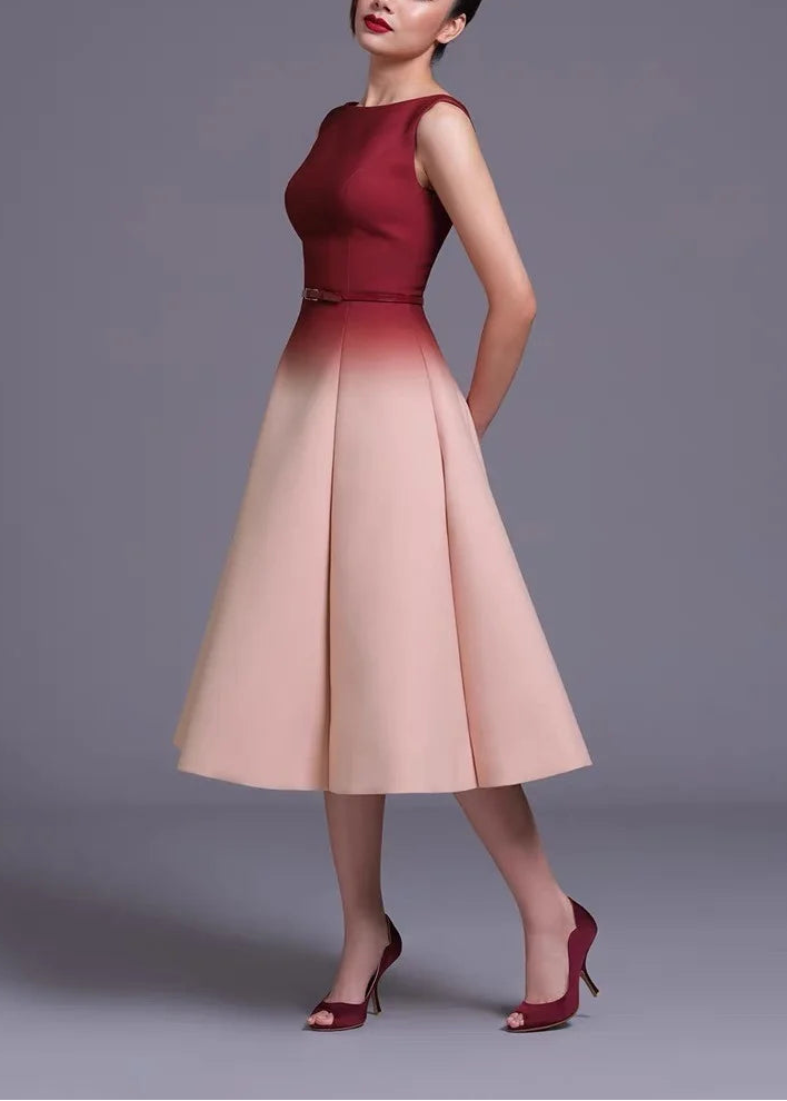 Front view of burgundy-to-blush gradient midi dress showing clean neckline and tailored fit