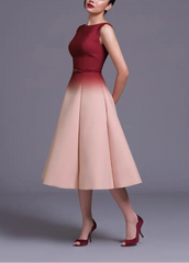 Front view of burgundy-to-blush gradient midi dress showing clean neckline and tailored fit