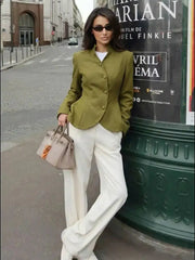 Stand Collar Peplum Hem Diagonal Buttoned Blazer