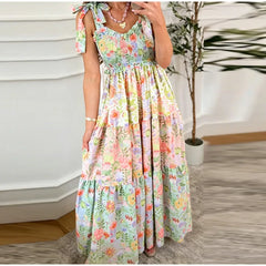 Floral Smocked Bust Tie Strap Maxi Dress