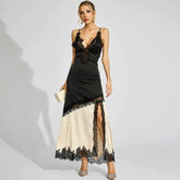 Woman wearing a black and beige dress with lace details