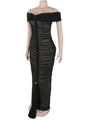 Black off-shoulder dress on a mannequin against a white background