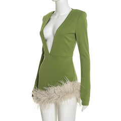 Faux Fur Trim Deep Neck Mini Dress