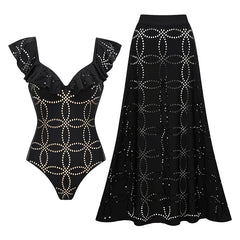 Black one-piece swimsuit and matching maxi skirt laid out flat.