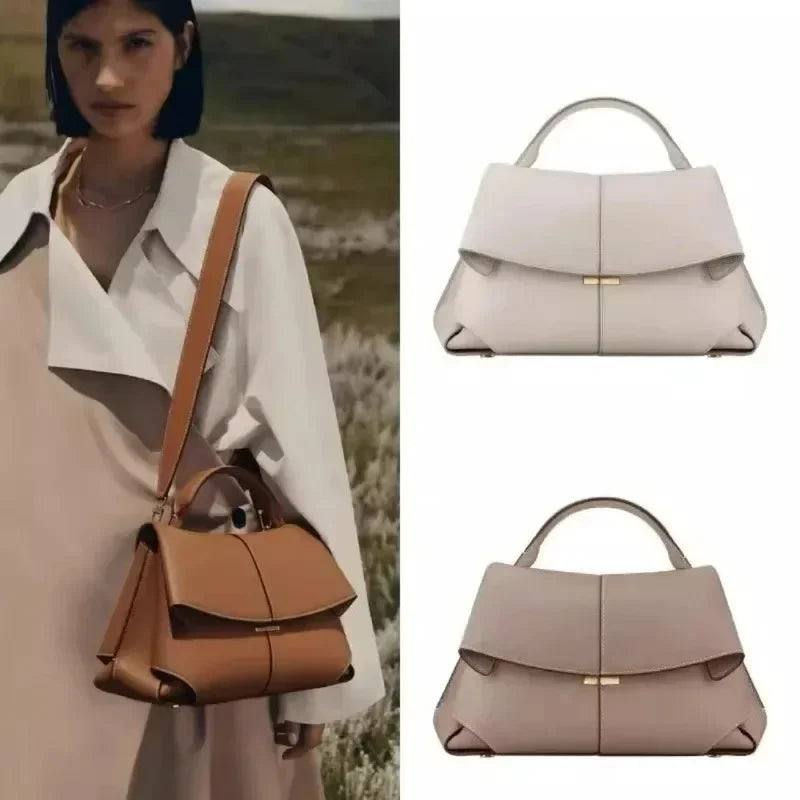 beige structured flap satchel with gold hardware