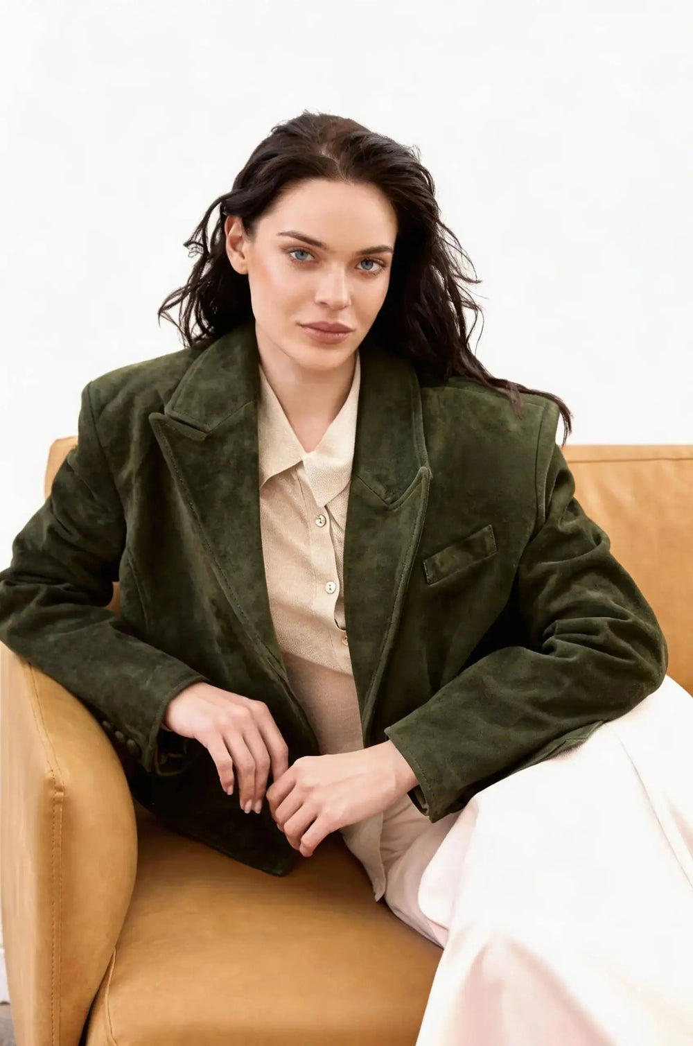Model wearing belted suede cropped blazer