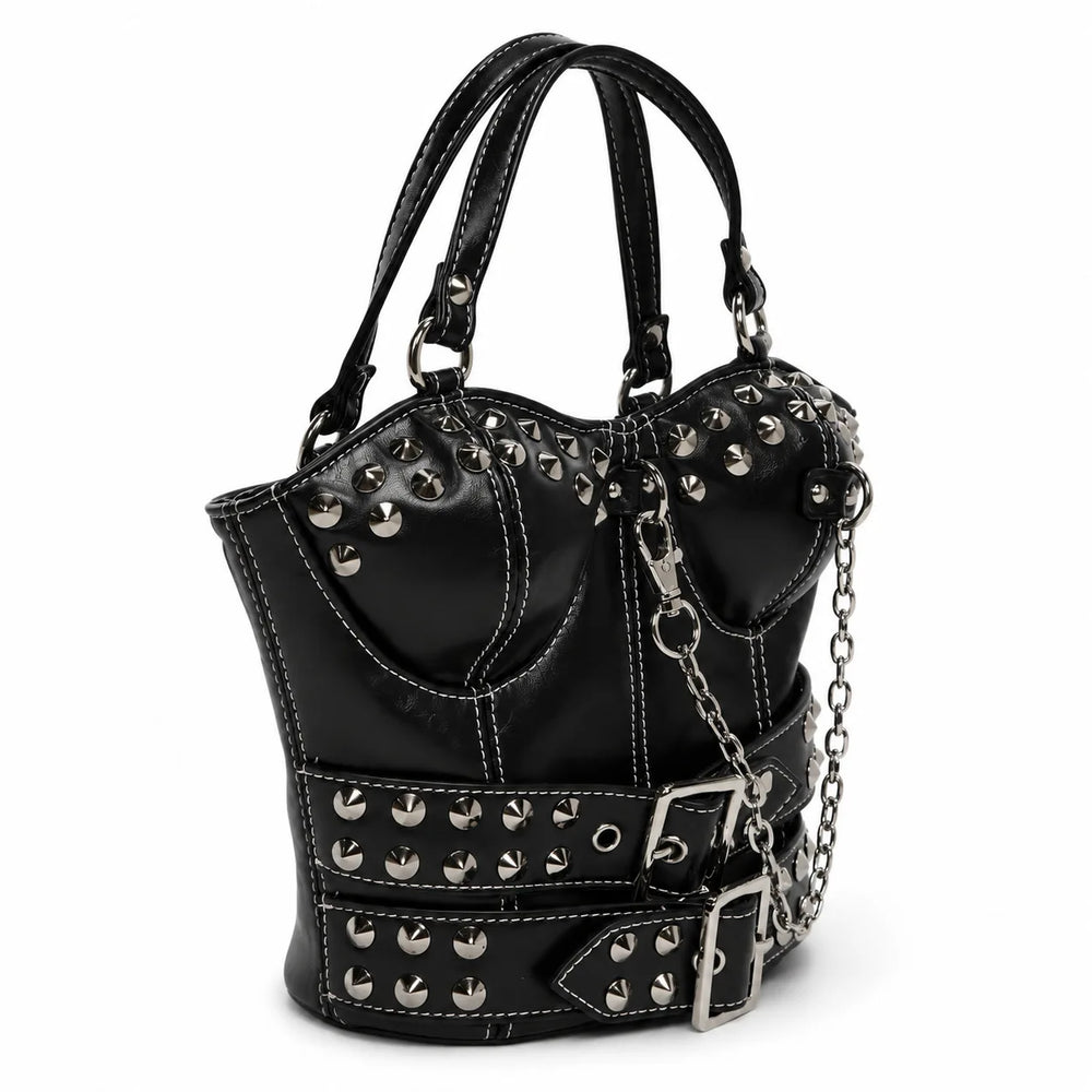 Black studded buckled corset bag with chain detail