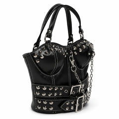 Black studded buckled corset bag with chain detail