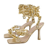 Gold chain ankle-wrap stiletto sandals with square toe