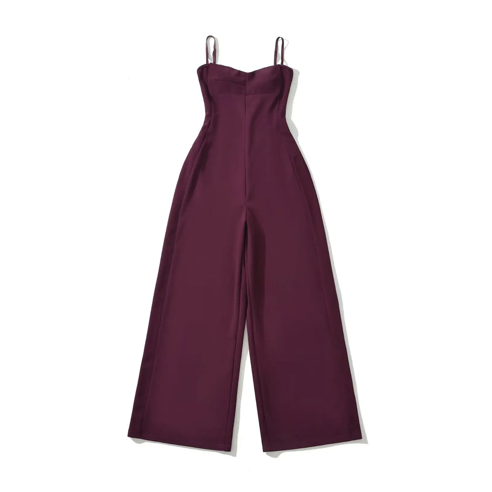 Front view of a burgundy wide-leg jumpsuit.