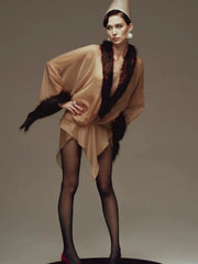 Brown Sheer Fur Trim Wrap Mini Dress