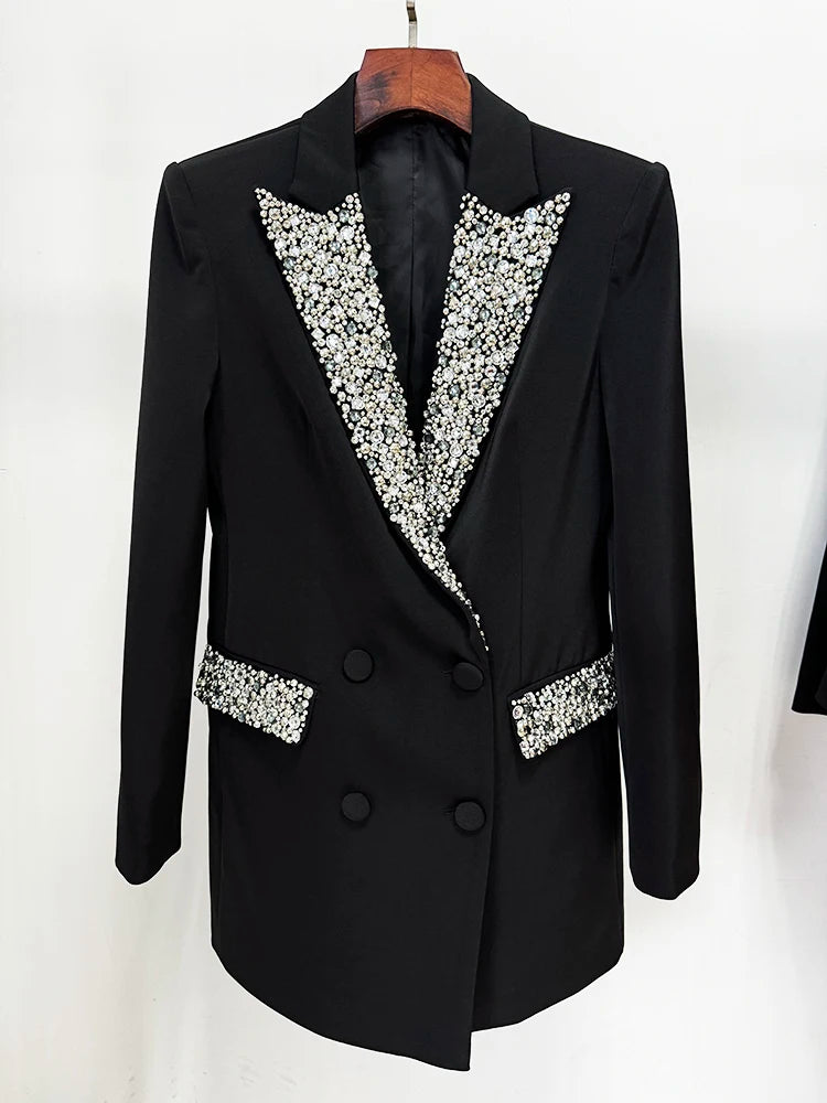 Beaded embellished double-breasted blazer displayed on a hanger