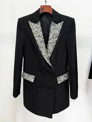 Beaded embellished double-breasted blazer displayed on a hanger