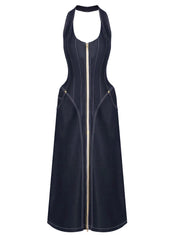 Black sleeveless dress with a zipper on a white background
