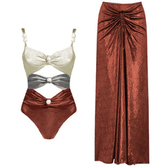 V-Neck Ruched Cut-Out Halter One-Piece Swimsuit and Maxi Skirt Set