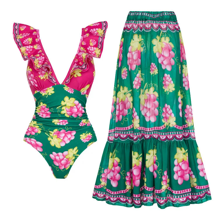Green and pink grape print ruffled swimsuit and maxi skirt set