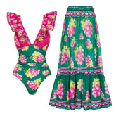 Green and pink grape print ruffled swimsuit and maxi skirt set