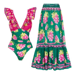 Green and pink grape print ruffled swimsuit and maxi skirt set