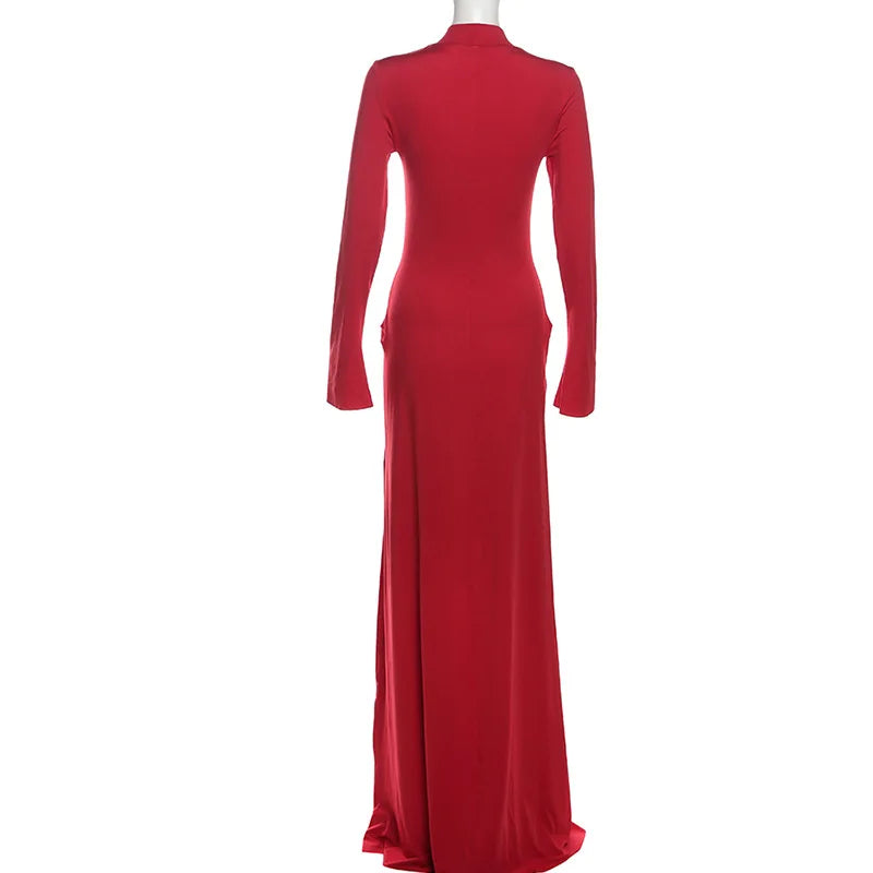 Red long-sleeve gown on a mannequin against a white background