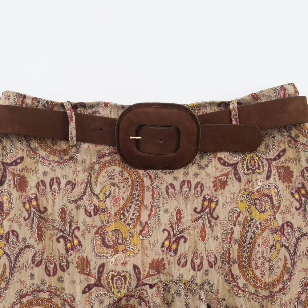 Paisley tiered ruffle belted midi skirt waist detail