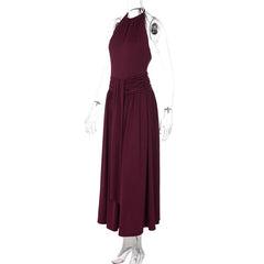 High Neck Sleeveless Ruched Waist Draped Long Dress