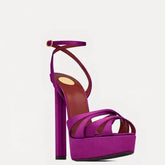 Purple platform block heel sandal with crisscross straps