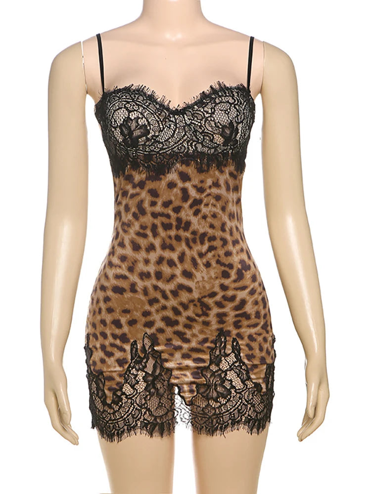 Leopard print lingerie set with black lace details on a mannequin against a white background