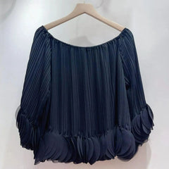 Pleated Off Shoulder Petal Hem Long Sleeve Top