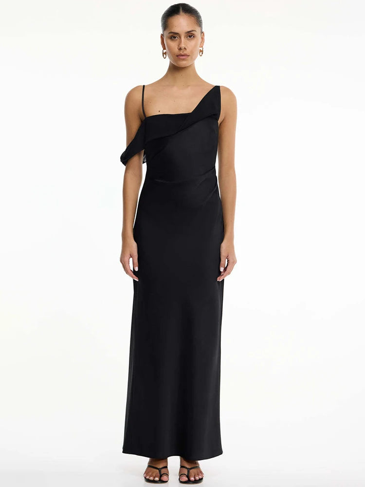 Draped one-shoulder maxi dress in black