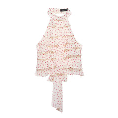 Floral dress with ruffled layers on a white background