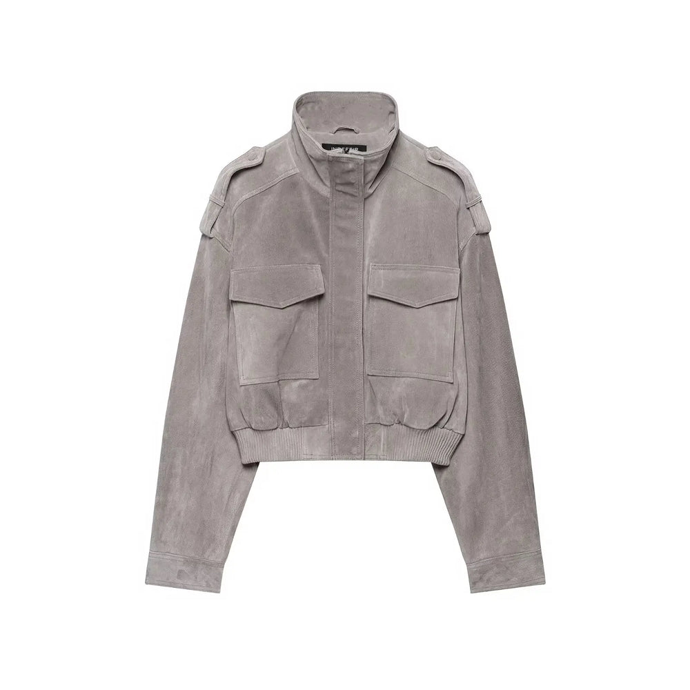 High neck suede cropped jacket with cargo pockets