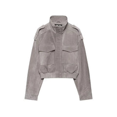 High neck suede cropped jacket with cargo pockets