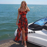 Abstract print ruffled two-piece swimwear set on model