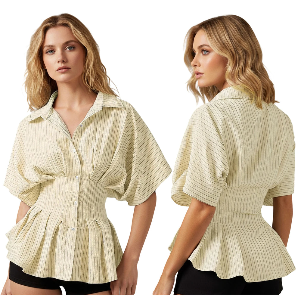 A woman wearing a light yellow ribbed blouse with a white background